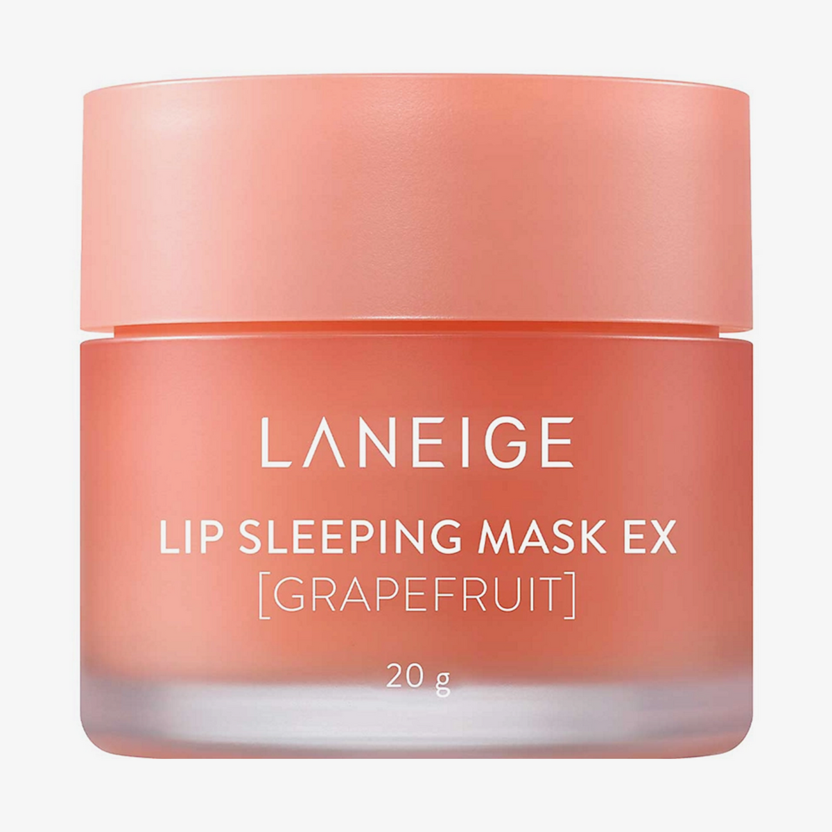 Ein pfirsichfarbener Tiegel Laneige Lip Sleeping Mask EX Grapefruit mit weißem Text auf dem Behälter.