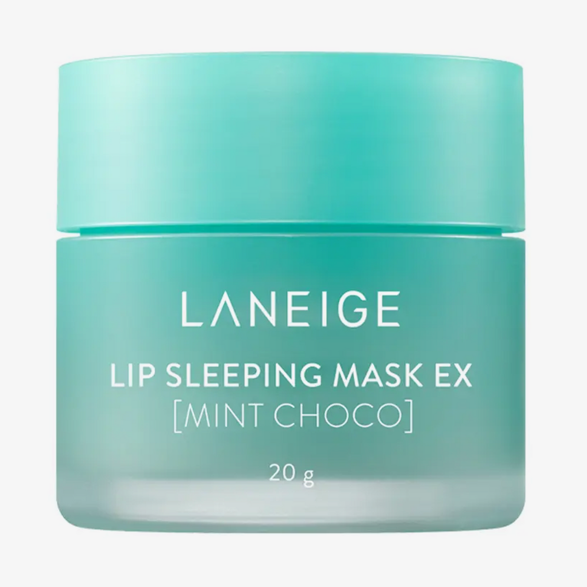 Ein türkisfarbener 20-g-Tiegel Laneige Lip Sleeping Mask EX Mint Choco mit weißem Text auf weißem Hintergrund.