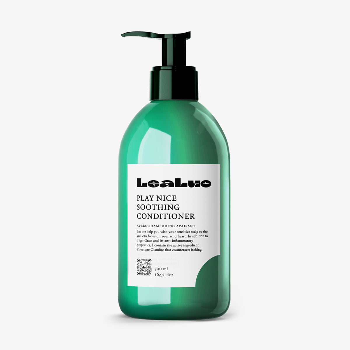 Grüne Pumpflasche LeaLuo Play Nice Soothing Conditioner in 500 ml mit schwarzem Text auf weißem Etikett.