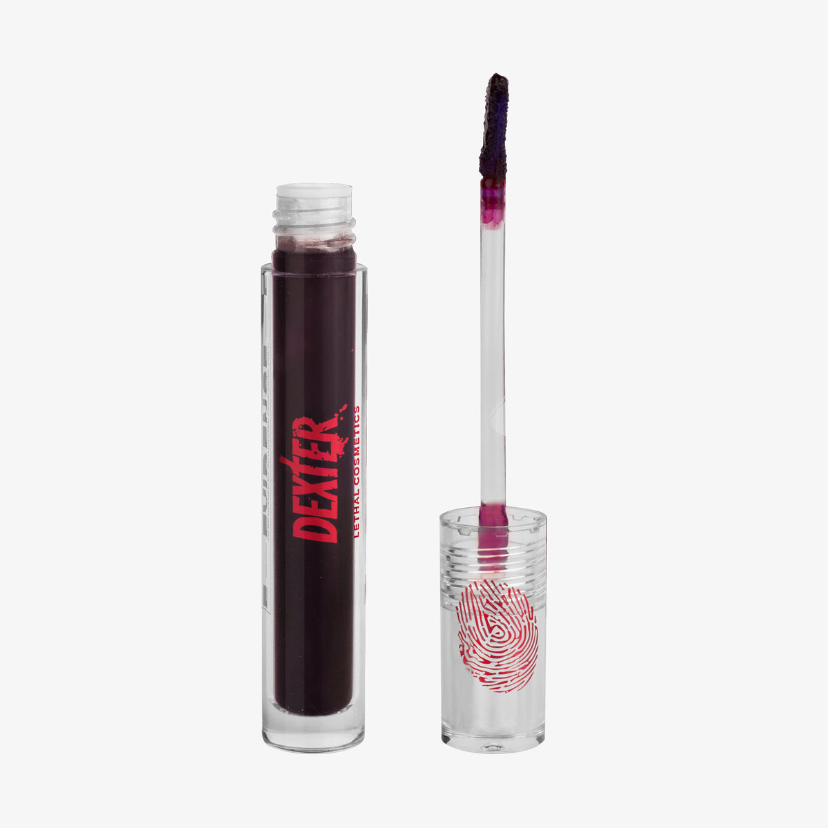Transparente Tube Dexter Lip Stain Dark Passenger von Lethal Cosmetics mit dunkelrotem Inhalt und einem Stabapplikator.