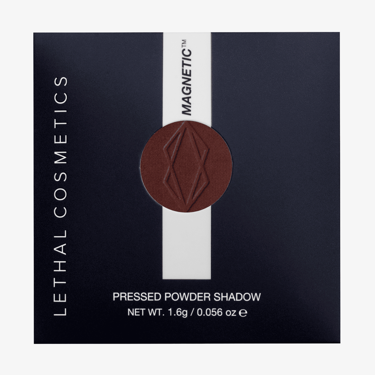 Brauner MAGNETIC™ Pressed Powder Shadow von Lethal Cosmetics in der Farbe "Corrosion" in schwarzer Umverpackung mit Sichtfenster und LETHAL-Branding.