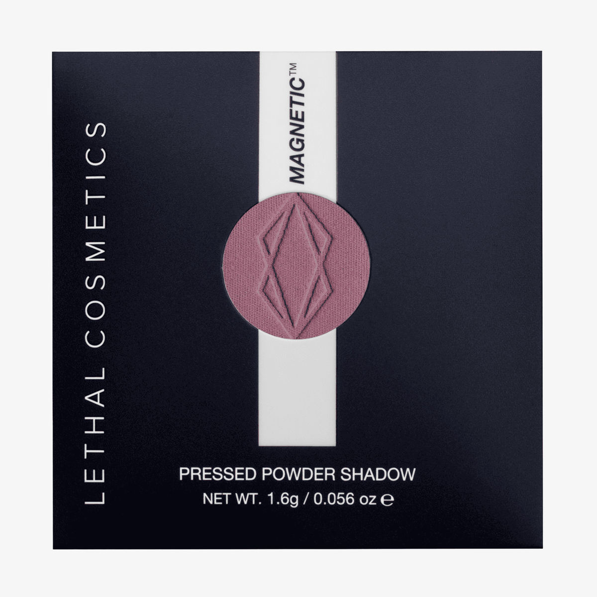 Altrosa MAGNETIC™ Pressed Powder Shadow von Lethal Cosmetics in der Farbe "Lithophyte" in schwarzer Umverpackung mit Sichtfenster und LETHAL-Branding.