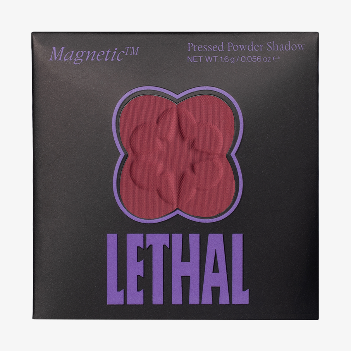 Matt-roter MAGNETIC™ Pressed Powder Shadow von Lethal Cosmetics in der Farbe "Prey" in schwarzer Umverpackung mit Sichtfenster und lila LETHAL-Branding.