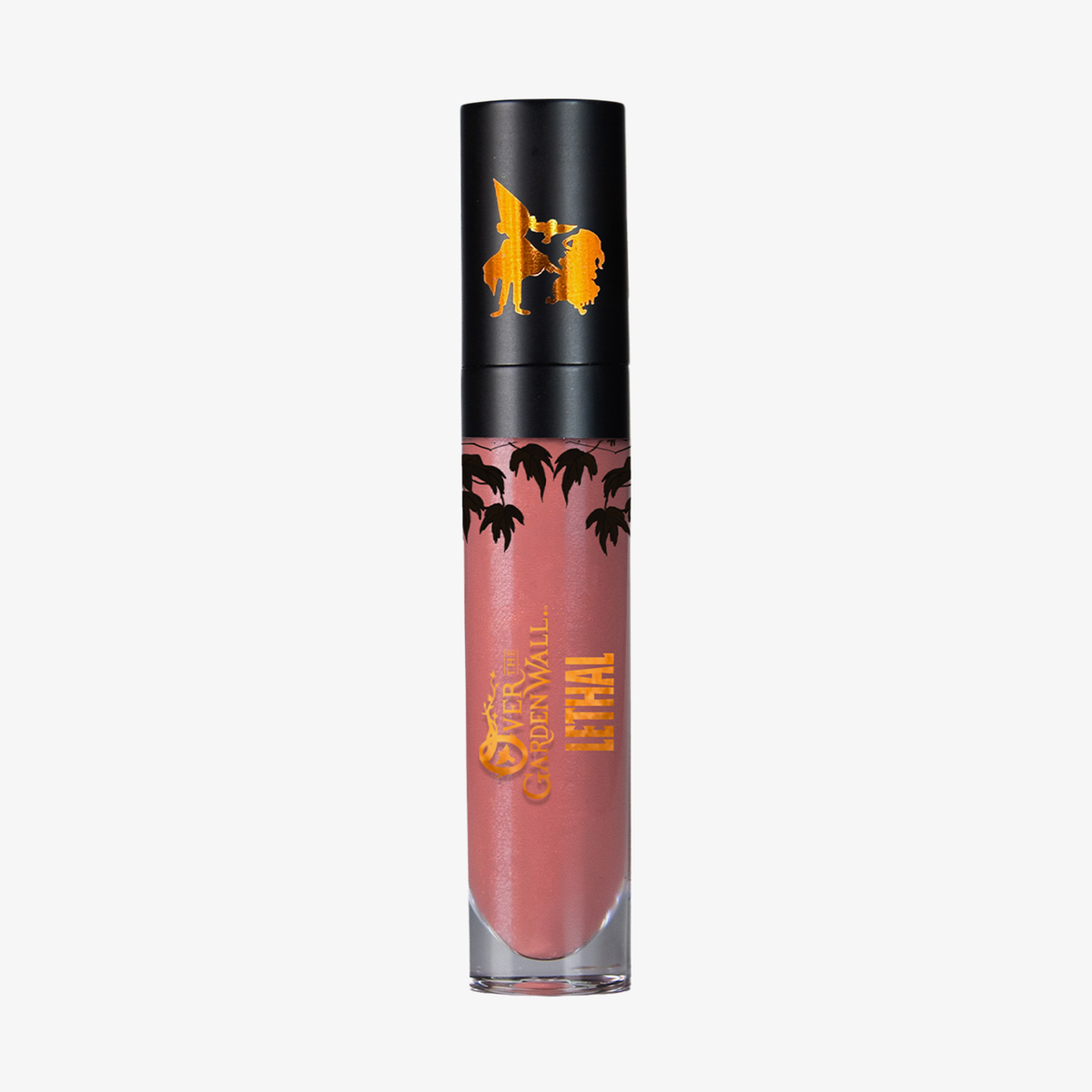 Ein flüssiger Lippenstift in Rosa-Samt von Lethal Cosmetics, in einer Tube mit schwarzer Kappe und tropischen Motiven in Gold und Schwarz.