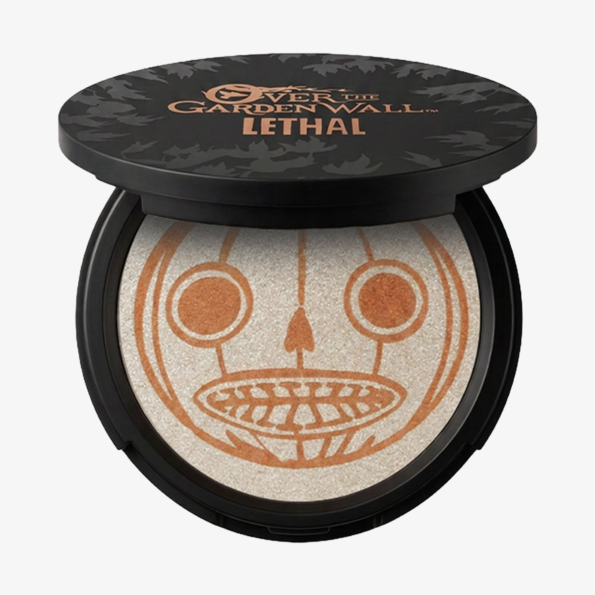 „Over The Garden Wall“ von Lethal Cosmetics – Pottsfield Pressed Highlighter: Kompaktpuder in Form eines Kürbiskopfes mit orange-weißem Puder.