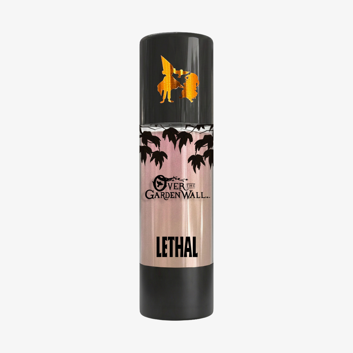 Eine Flasche mit der Aufschrift „Over The Garden Wall – Woodsman’s Lantern Shimmering Body Oil“ von Lethal Cosmetics, verziert mit schwarzen Blättern und goldenen Akzenten.