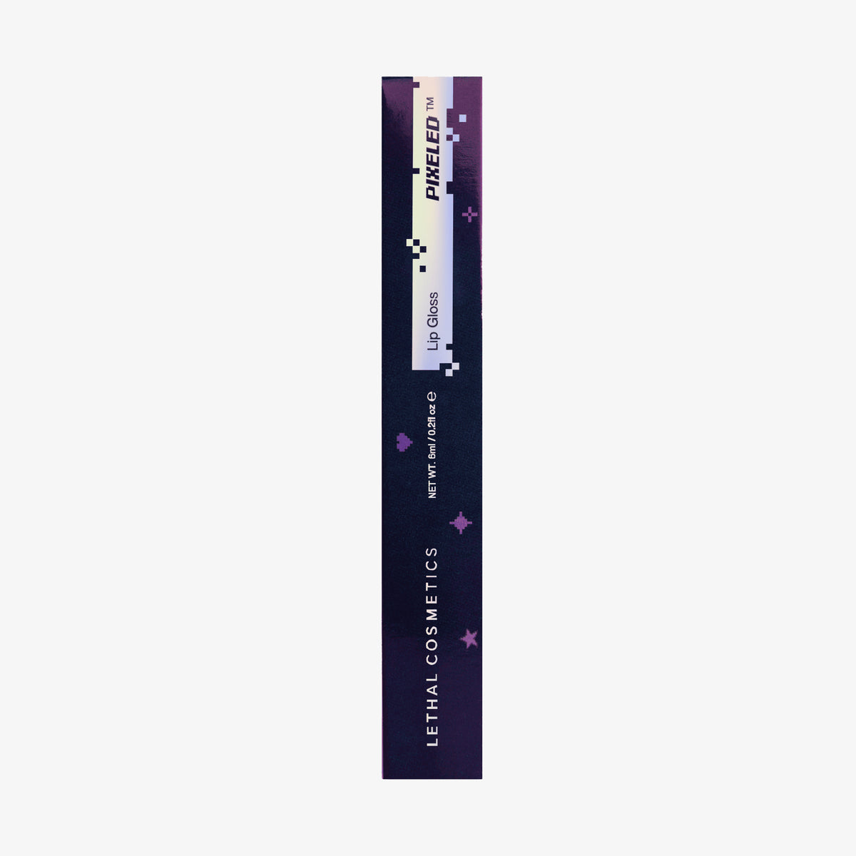 Lilafarbene Schachtel des Lethal Cosmetics PIXELED™ Lip Gloss mit pixeligen Designakzenten.
