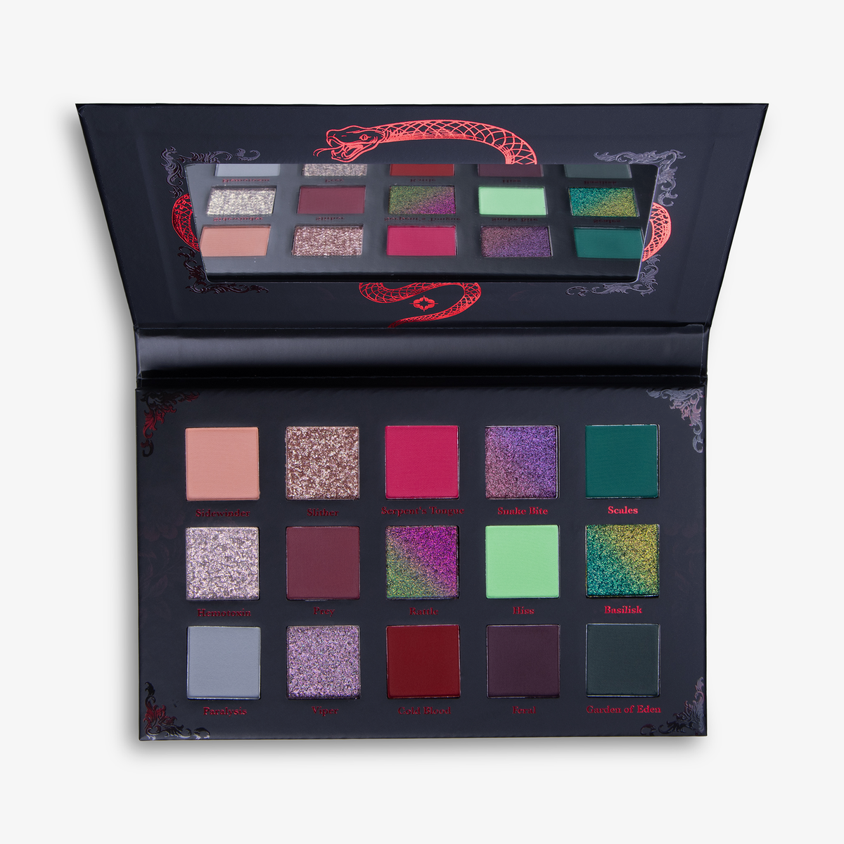 Die Serpentine Palette von Lethal Cosmetics bietet 15 leuchtende Lidschattenfarben, einen integrierten Spiegel und ein auffälliges rotes Schlangendesign auf dem Innendeckel.