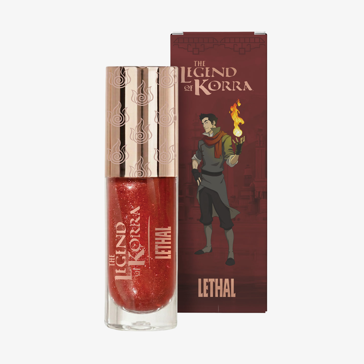 „Die Legende von Korra“ – „Embered Lip Plumping Oil“ von Lethal Cosmetics, mit einer Abbildung der Figur bzw. eines Feuermotivs auf der Verpackung.
