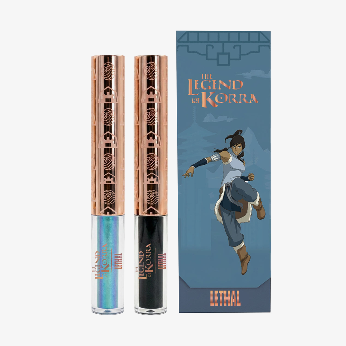 Zwei Make-up-Tuben und eine Schachtel mit einer Abbildung von Korra in Aktion, beschriftet mit „Korra Liner Set“ von Lethal Cosmetics.