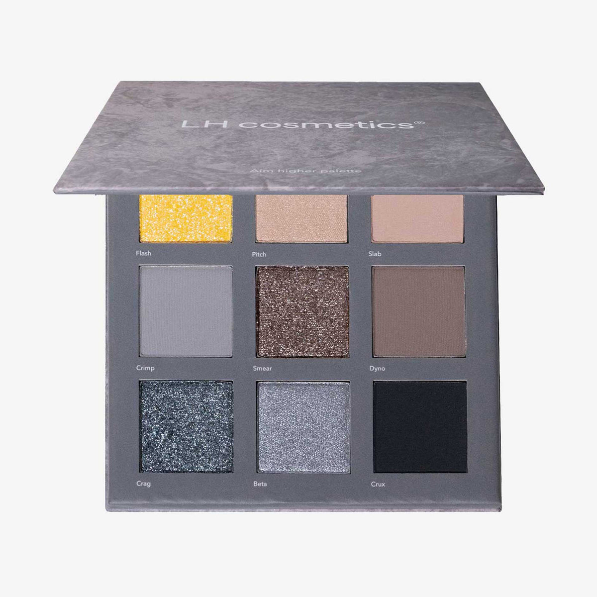 Graue Aim Higher Palette von LH Cosmetics mit neun Lidschattenfarben in Grau-, Gelb-, Braun- und Silbertönen.