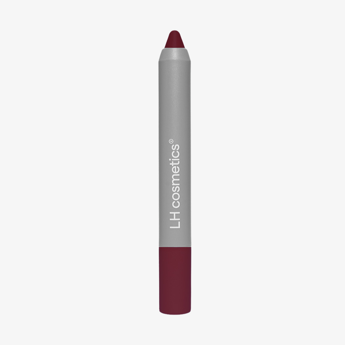 Ein silber- und bordeauxfarbener LH Cosmetics Biggie Lippenstift mit abgerundeter Spitze steht aufrecht auf einem weißen Hintergrund.