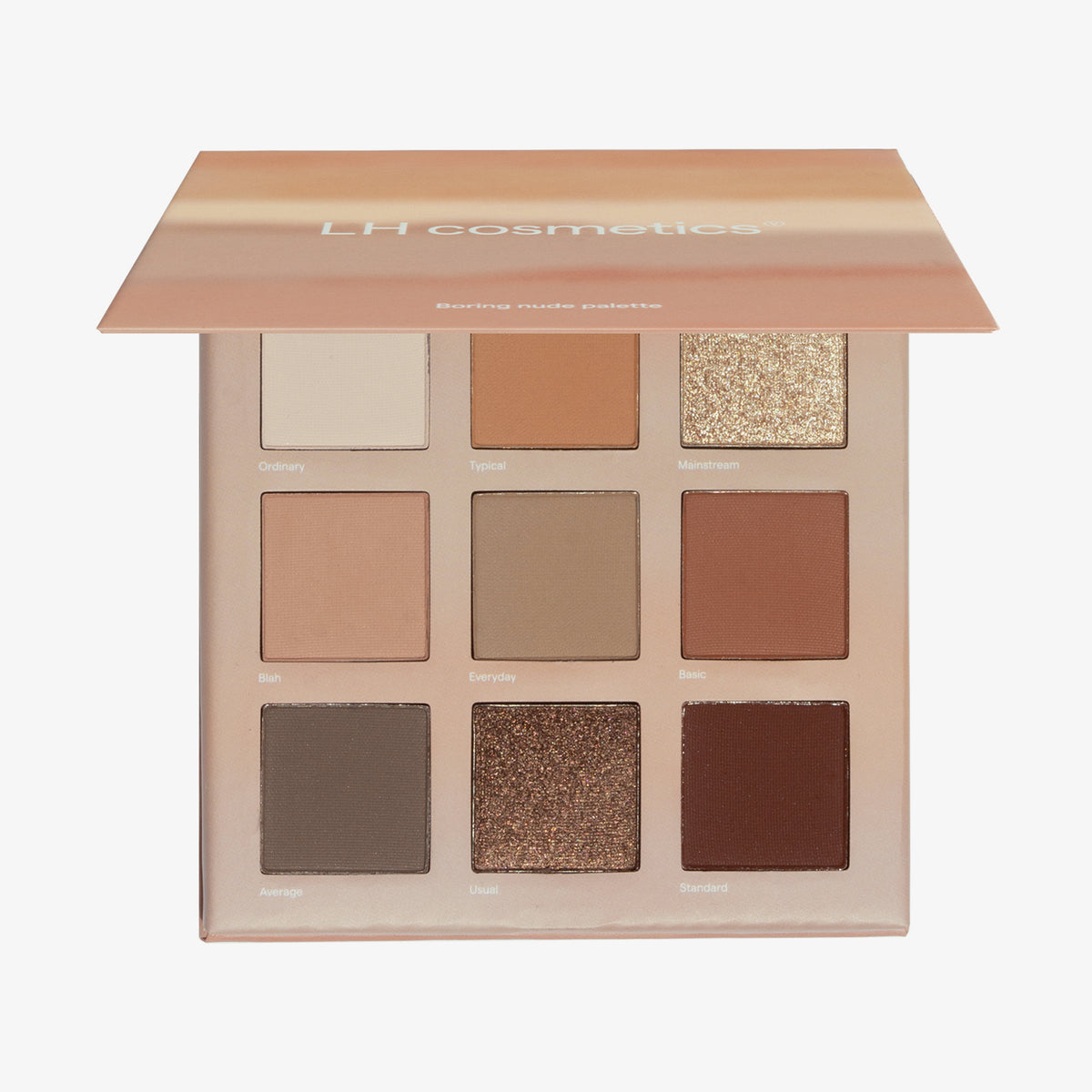 Eine offene Boring Nude-Palette von LH Cosmetics enthält neun erdige neutrale und schimmernde Farbtöne in einem beige & pfirsichrosa Etui.