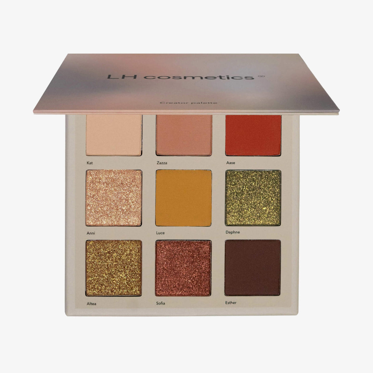 Beige Creator Palette von LH Cosmetics mit neun Lidschattenfarben in erdigen Tönen.