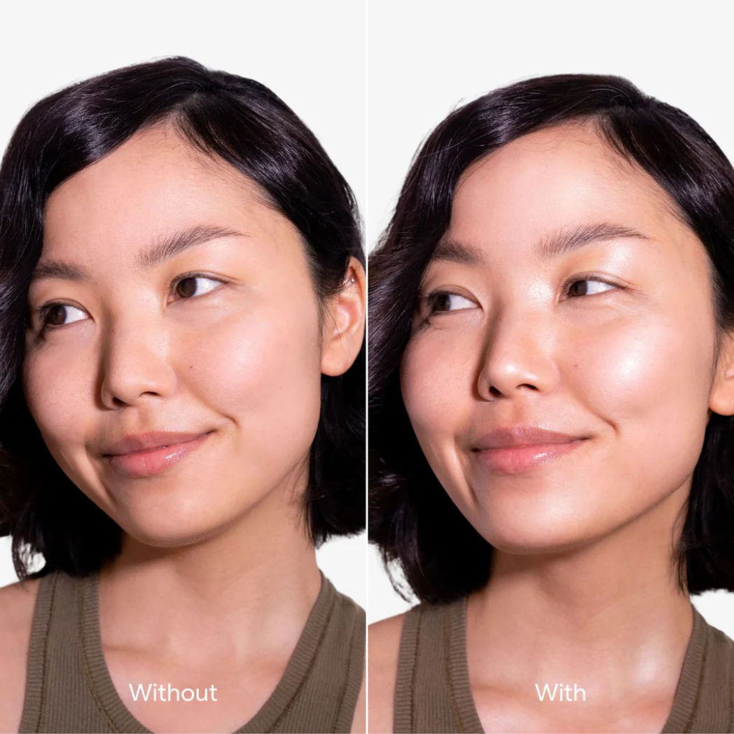 Nebeneinander einer Frau ohne (matt) und mit LH Cosmetics Shaping Light Cool Glow; nach Anwendung mit taufrischen, strahlenden Finish.