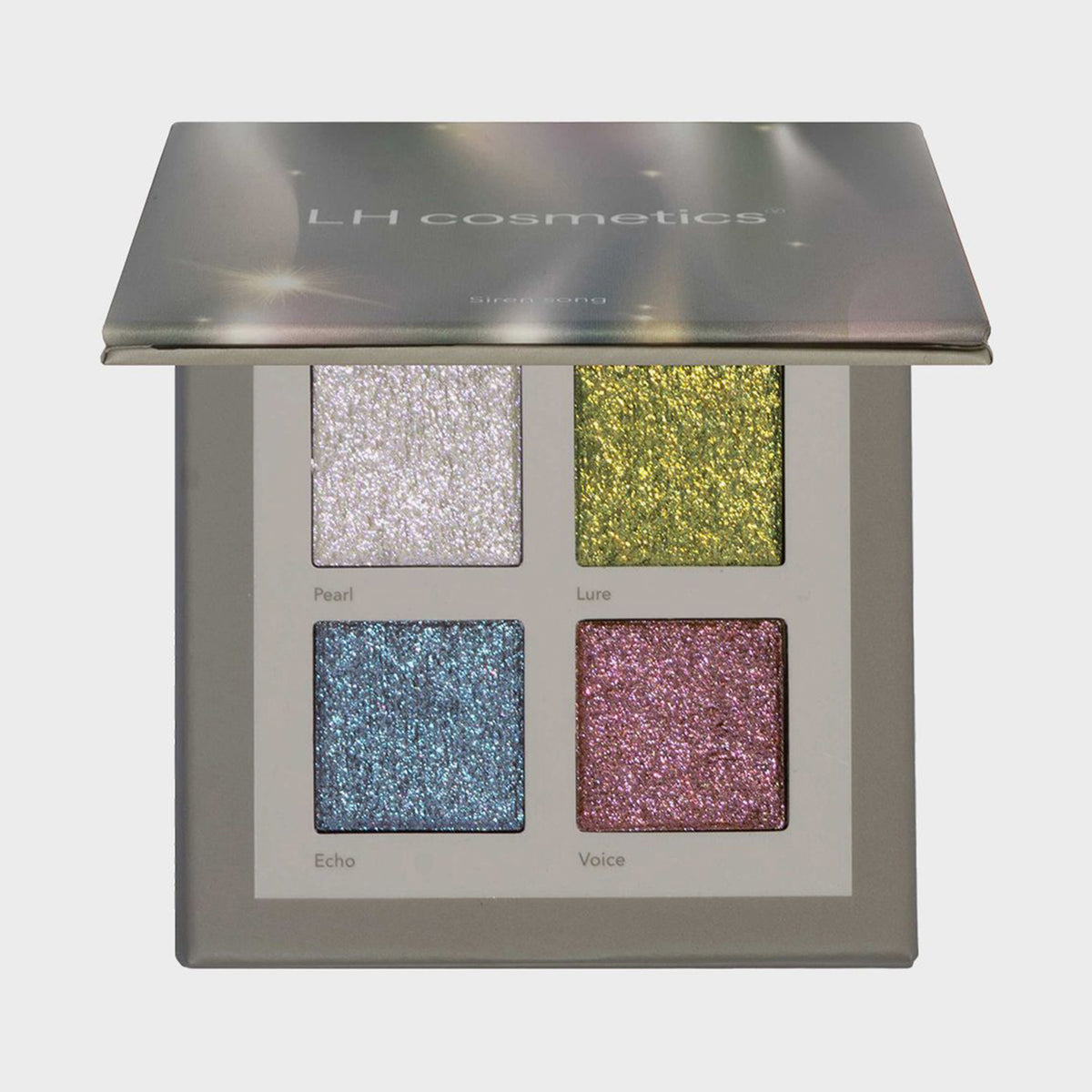 Graue geöffnete Siren Song Palette von LH Cosmetics mit vier schimmernden Farbtönen: Weiß, Grün, Blau und Pink.
