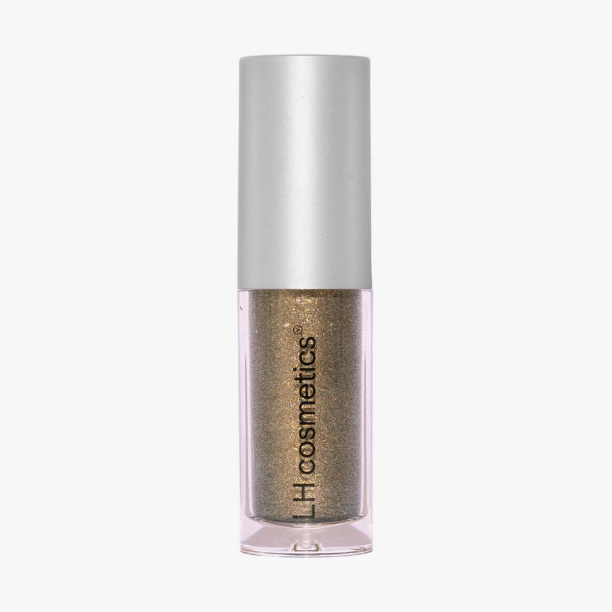 Kleines Fläschchen mit silbernem Deckel und schimmerndem Olivgold-Ton. Schwarze Aufschrift: „LH cosmetics“, freigestellt auf weißem Hintergrund.