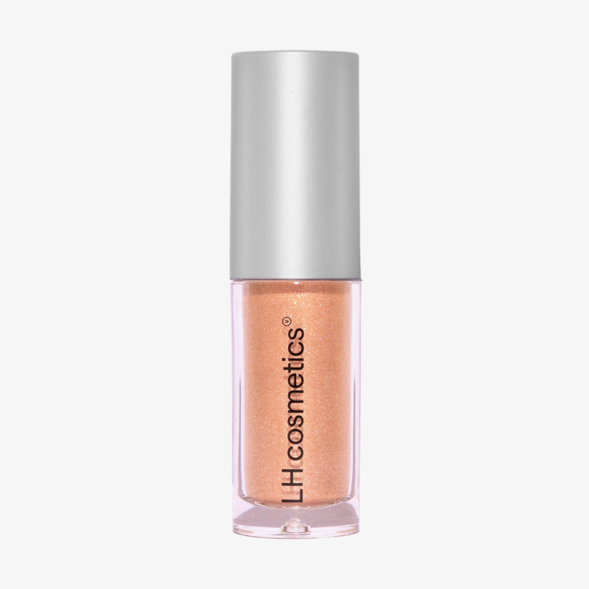Kleines Fläschchen mit silbernem Deckel und schimmerndem Pfirsichton-Inhalt. Sparkl Wink, Aufdruck: „LH cosmetics“, stehend auf weißem Hintergrund.