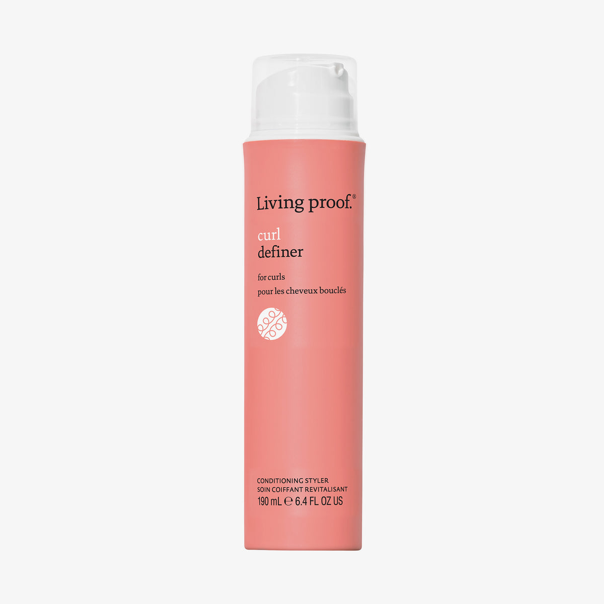 Rosafarbene Flasche Living Proof Curl Definer Pflegestyler mit weißem Deckel auf weißem Hintergrund.