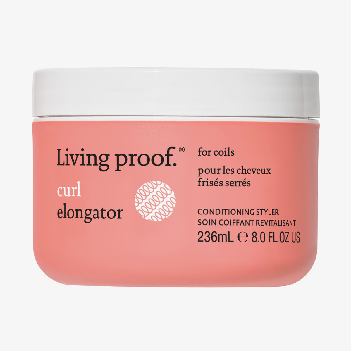 Rosafarbener Tiegel Living Proof Curl Elongator Pflegestyler für Locken mit weißem Deckel vor weißem Hintergrund.