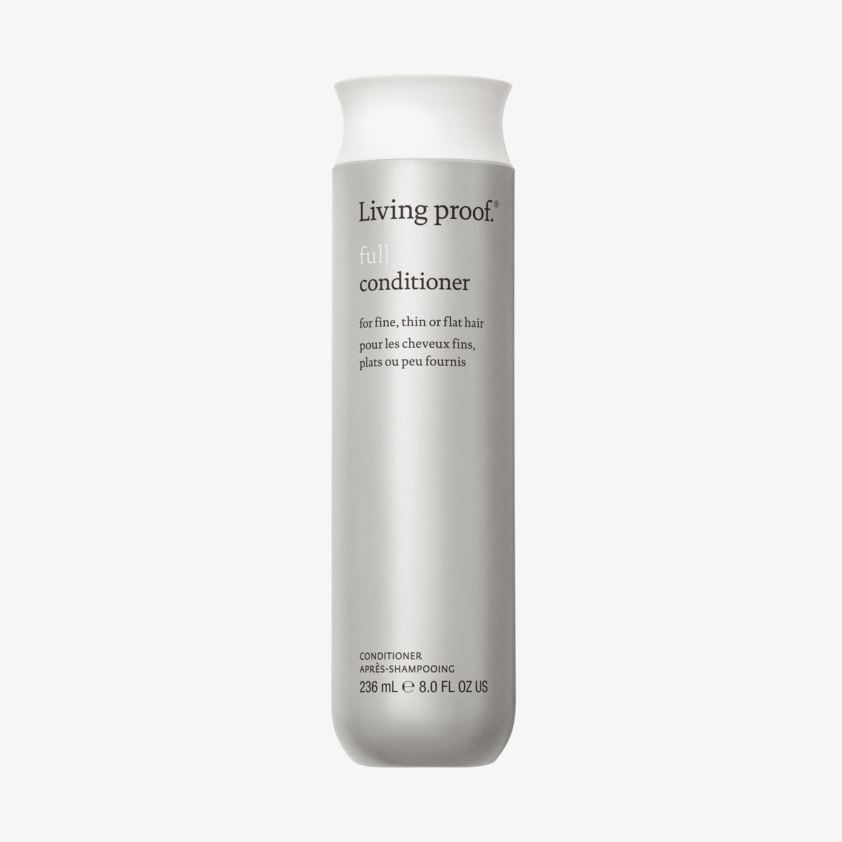 Silberne Flasche Living Proof Full Conditioner mit weißem Deckel auf weißem Hintergrund.