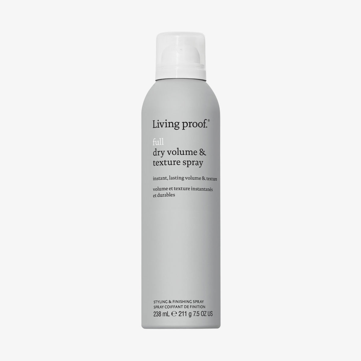 Grau Sprühdose Living Proof Full Dry Volume & Texture Spray mit weißem Deckel auf weißem Hintergrund.
