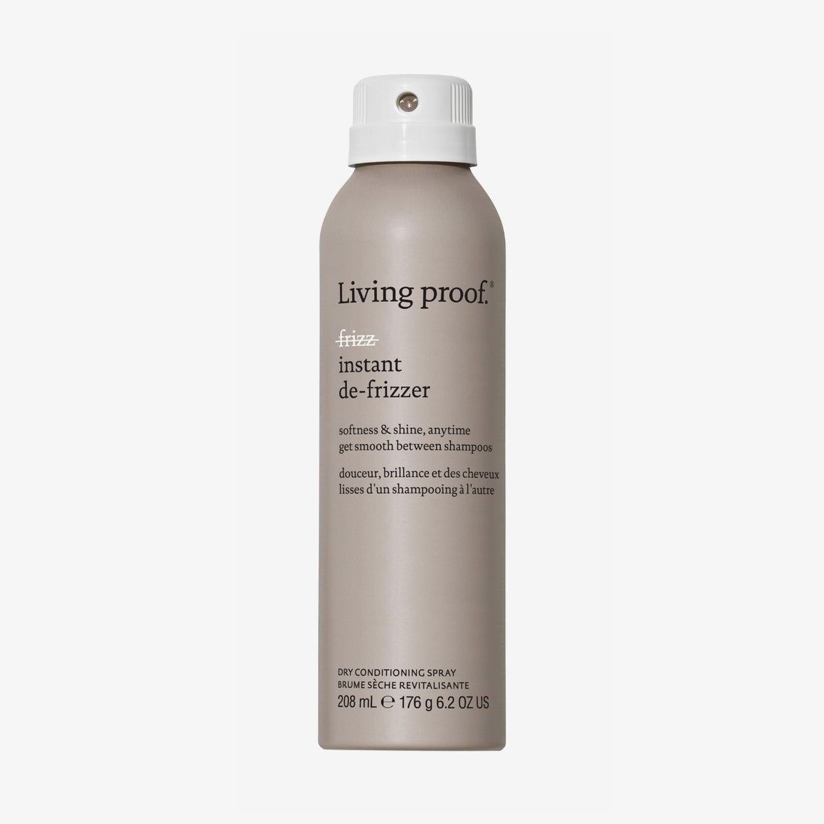 Beige Sprühdose Living Proof No Frizz Instant De-Frizzer mit weißem Sprühkopf vor weißem Hintergrund.