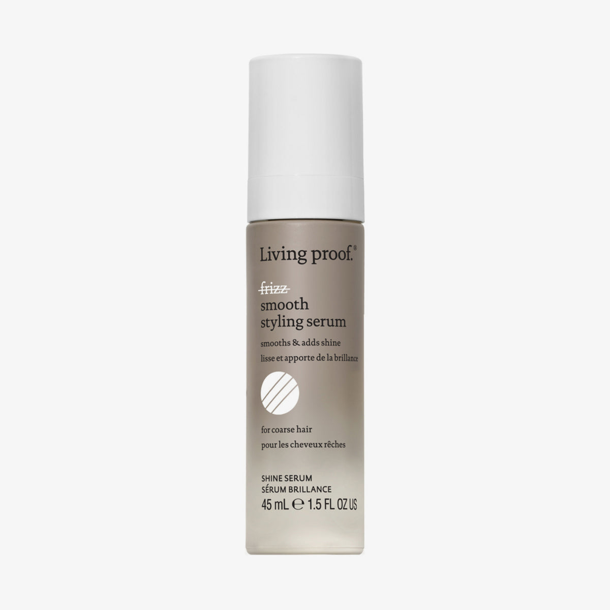 Beige Flasche Living Proof No Frizz Smooth Styling Serum mit Farbverlauf und weißem Deckel.