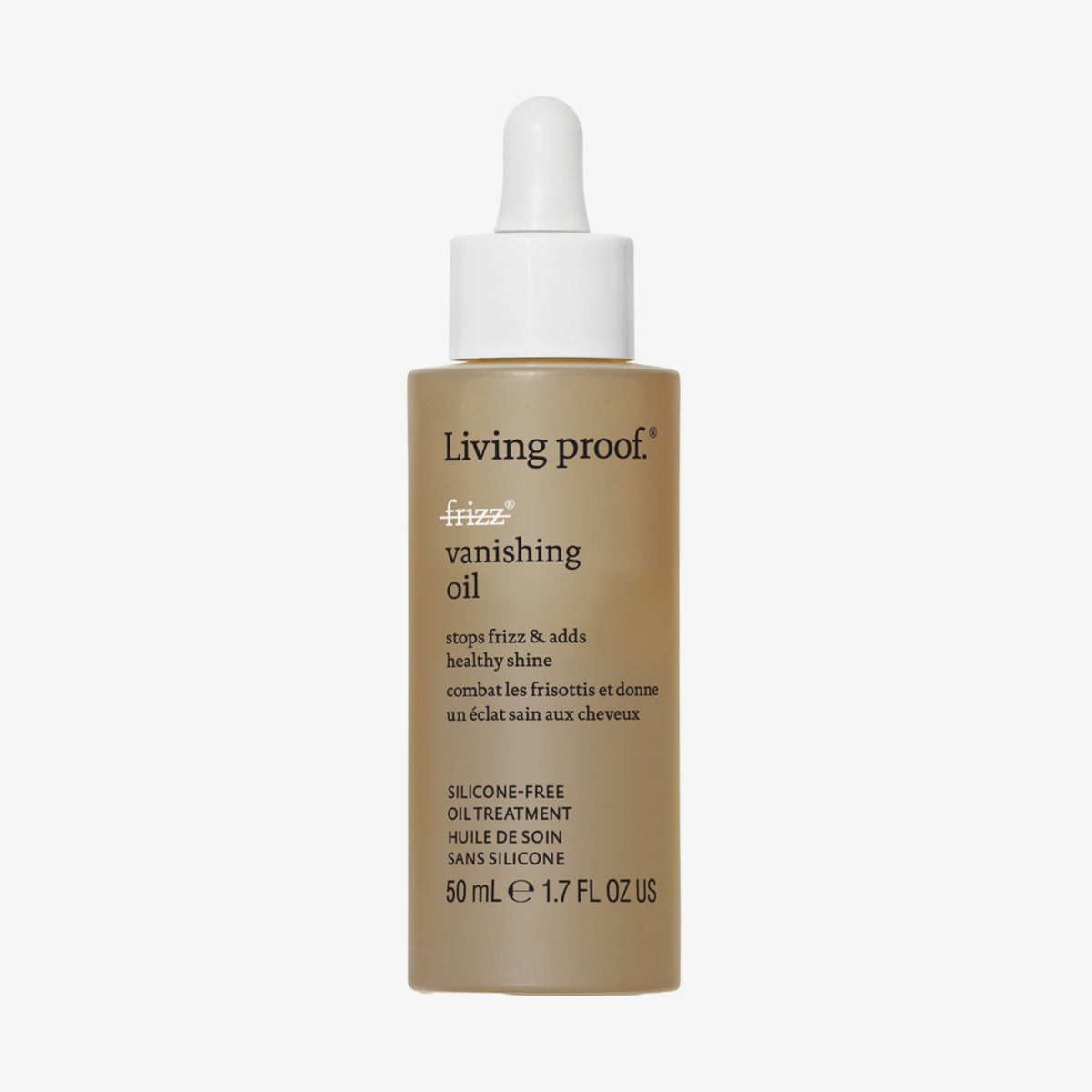 Beige 50-ml-Flasche Living Proof No Frizz Vanishing Oil mit einer weißen Tropfkappe.