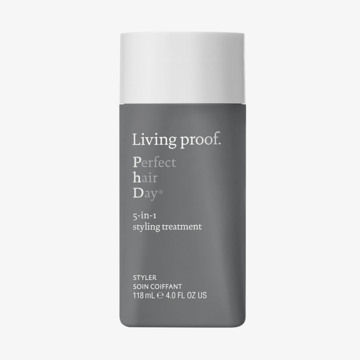 Graue kantige Flasche Living Proof Perfect Hair Day 5-in-1 Styling Treatment mit weißem Deckel.