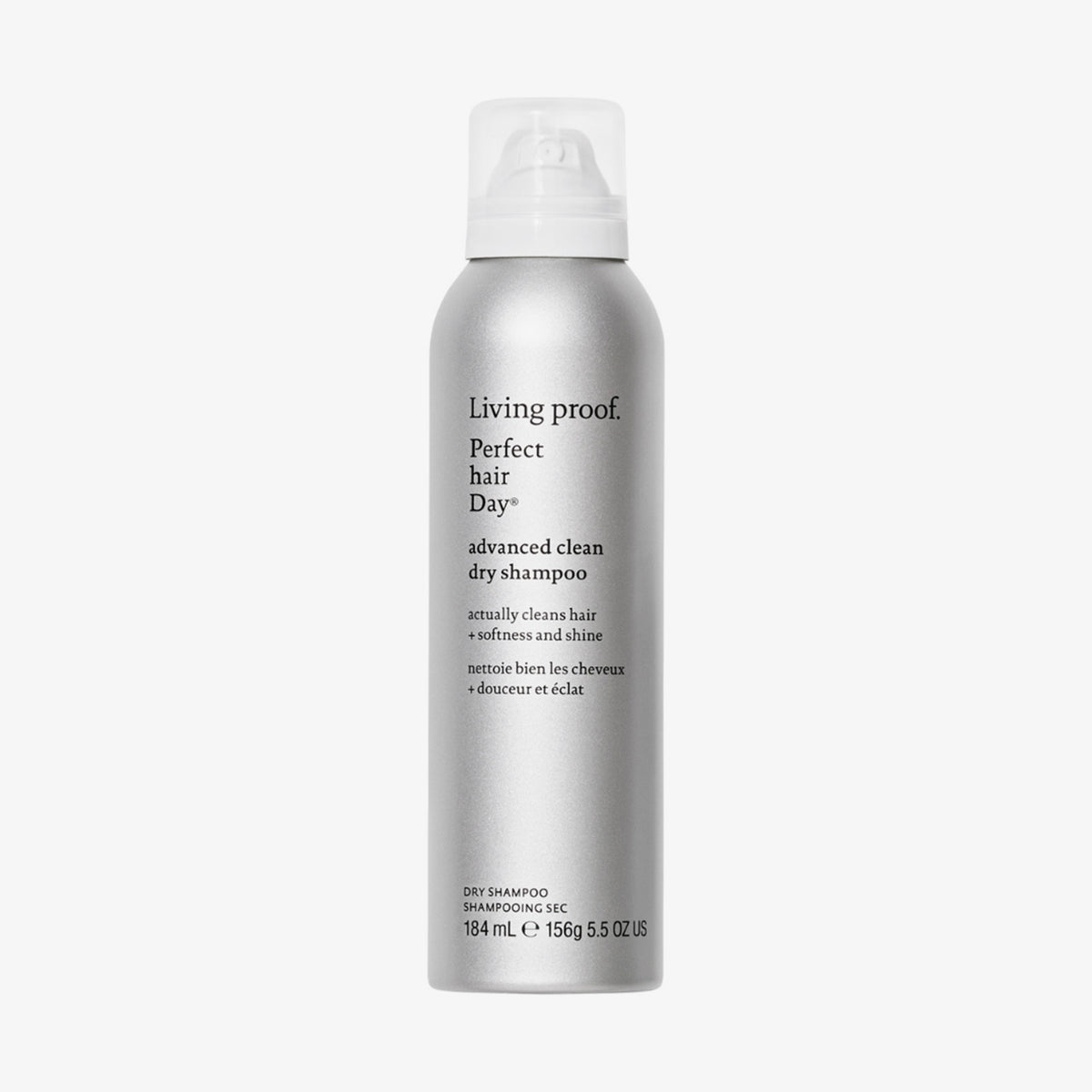 Silberne Sprühdose Living Proof Perfect Hair Day Advanced Clean Dry Shampoo mit weißem Deckel auf einem weißen Hintergrund.