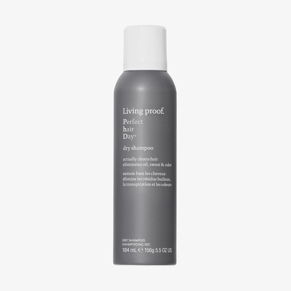 Graue Dose Living Proof Perfect Hair Day Trockenshampoo mit weißem Deckel vor weißem Hintergrund.