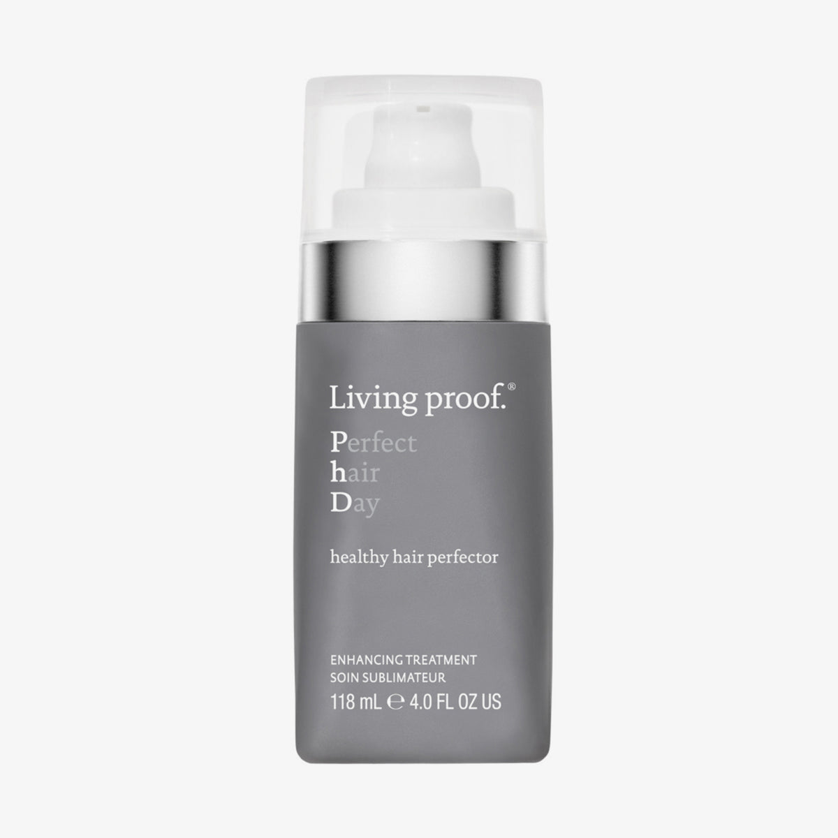 Eine graue Flasche Living Proof Perfect Hair Day Healthy Hair Perfector mit weißer Pumpe und durchsichtiger Kappe.