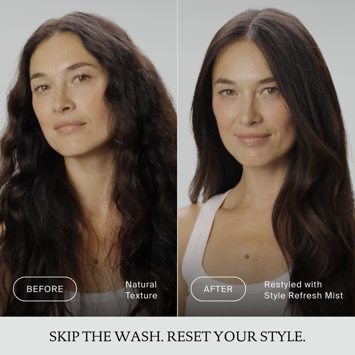 Geteiltes Bild: links das natürliche Haar der Frau, rechts das glatte, neu gestylte Haar nach der Anwendung von Living Proof Perfect Hair Day Style Refresh Hair Mist.