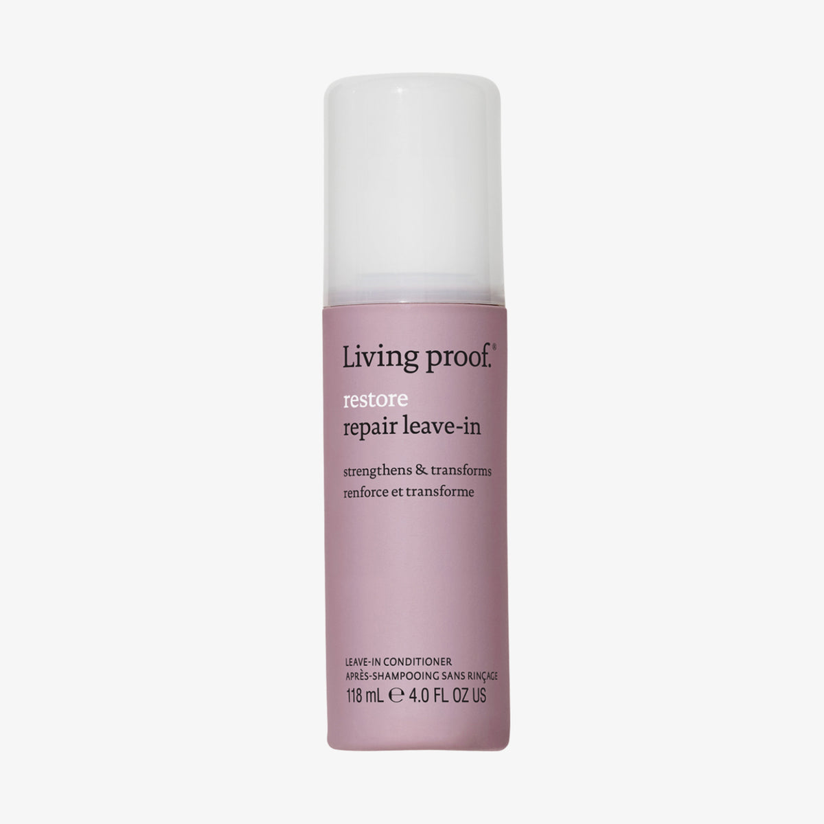 Altrosa Flasche Living Proof Restore Repair Leave-In mit weißem Deckel vor weißem Hintergrund.
