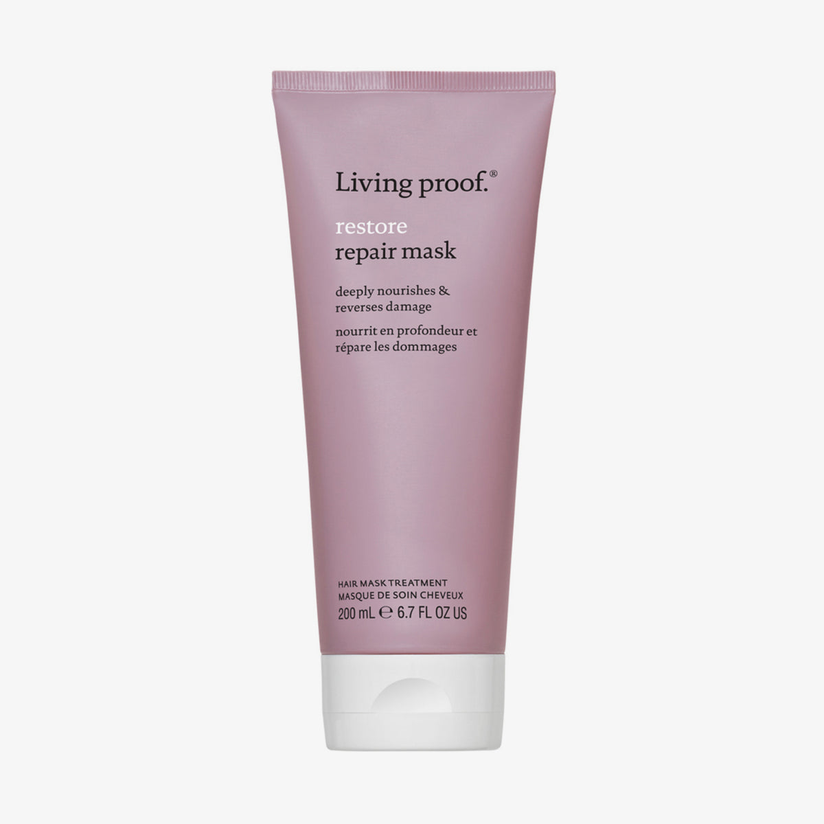 Altrosa Tube Living Proof Restore Repair Mask mit weißem Deckel auf weißem Hintergrund.