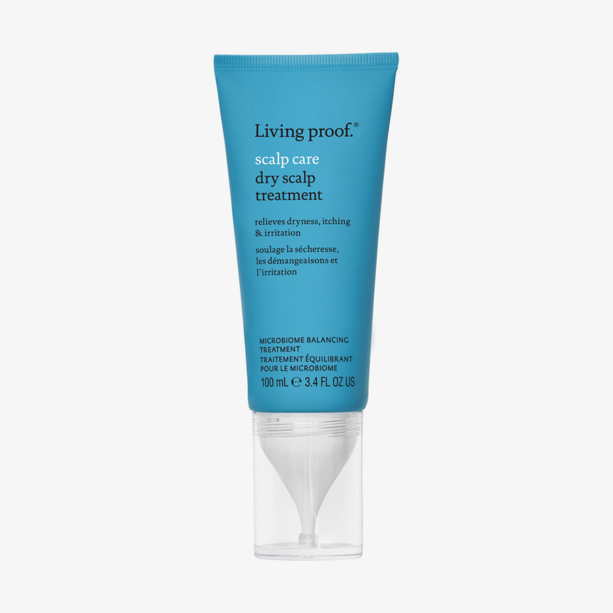  Blaue Tube Living Proof Scalp Care Dry Scalp Treatment mit weißem Applikator und transparentem Deckel.