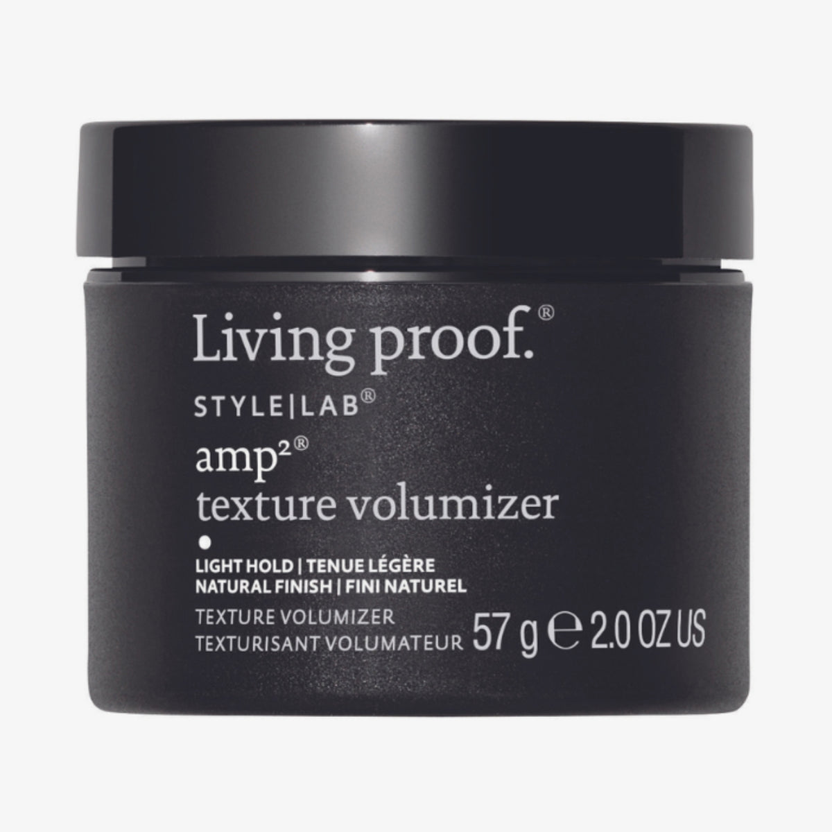 Schwarzer Tiegel Style Lab Amp Texture Volumizer von Living Proof vor weißem Hintergrund.