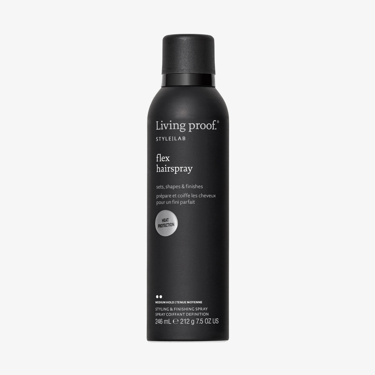 Eine schwarze Sprühdose Living Proof Style Lab Flex Hairspray mit weißem Text vor einem schlichten weißen Hintergrund.
