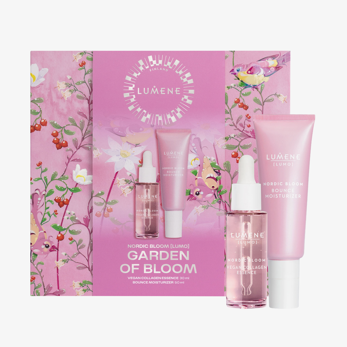 Drei Produkte aus dem Lumene GARDEN OF BLOOM SET 2026 vor einer rosafarbenen Schachtel mit nordischen Blumen und Schmetterlingen.