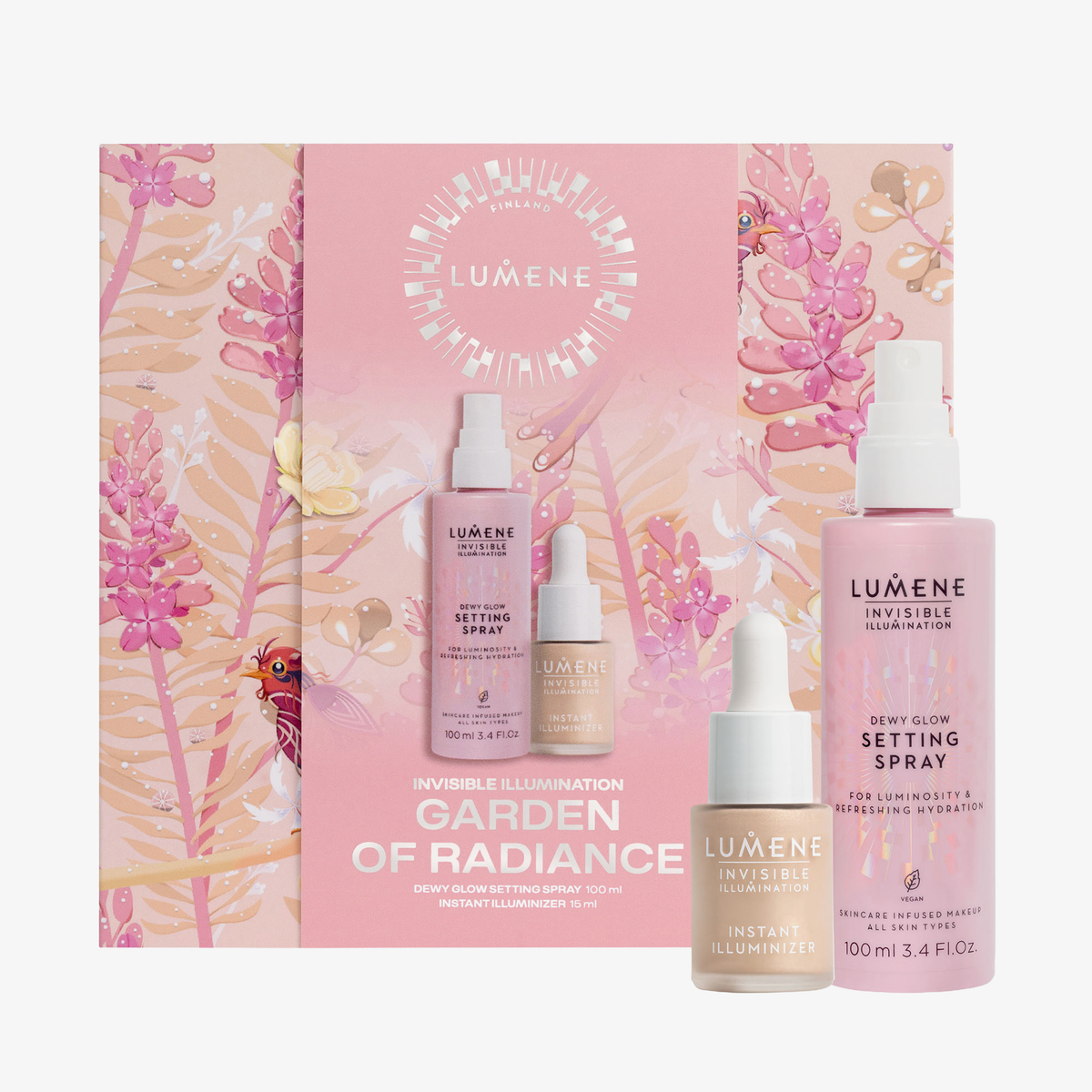 Lumene GARDEN OF RADIANCE SET 2026 mit Fixierspray und Highlighter, abgebildet vor einem rosa Blumenhintergrund.