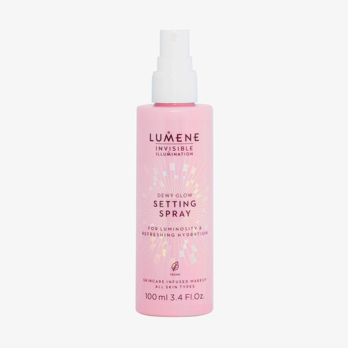 Rose Flasche Lumene INVISIBLE ILLUMINATION Dewy Glow Setting Spray mit weißer Sprühkappe.