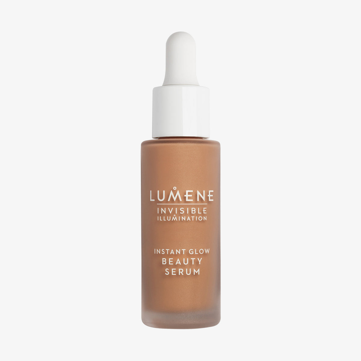 Mattierte transparente Flasche Lumene INVISIBLE ILLUMINATION Glow Beauty Serum in Universal Bronze mit einem weißen Tropfverschluss.