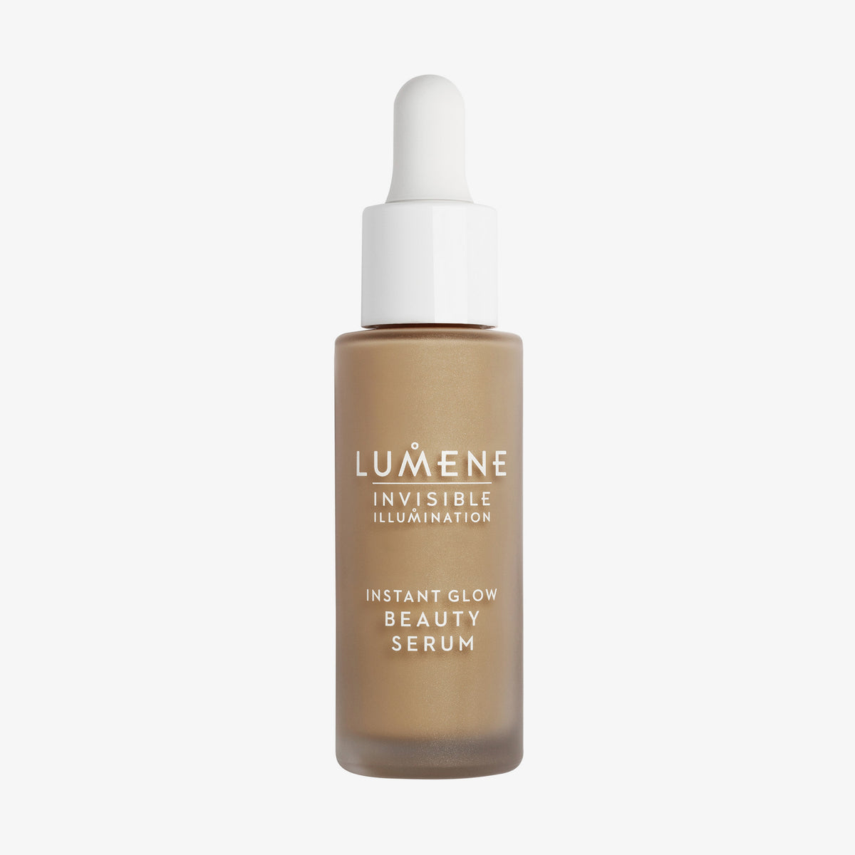 Mattierte transparente Flasche Lumene INVISIBLE ILLUMINATION Glow Beauty Serum in Universal Tan mit einem weißen Tropfverschluss.