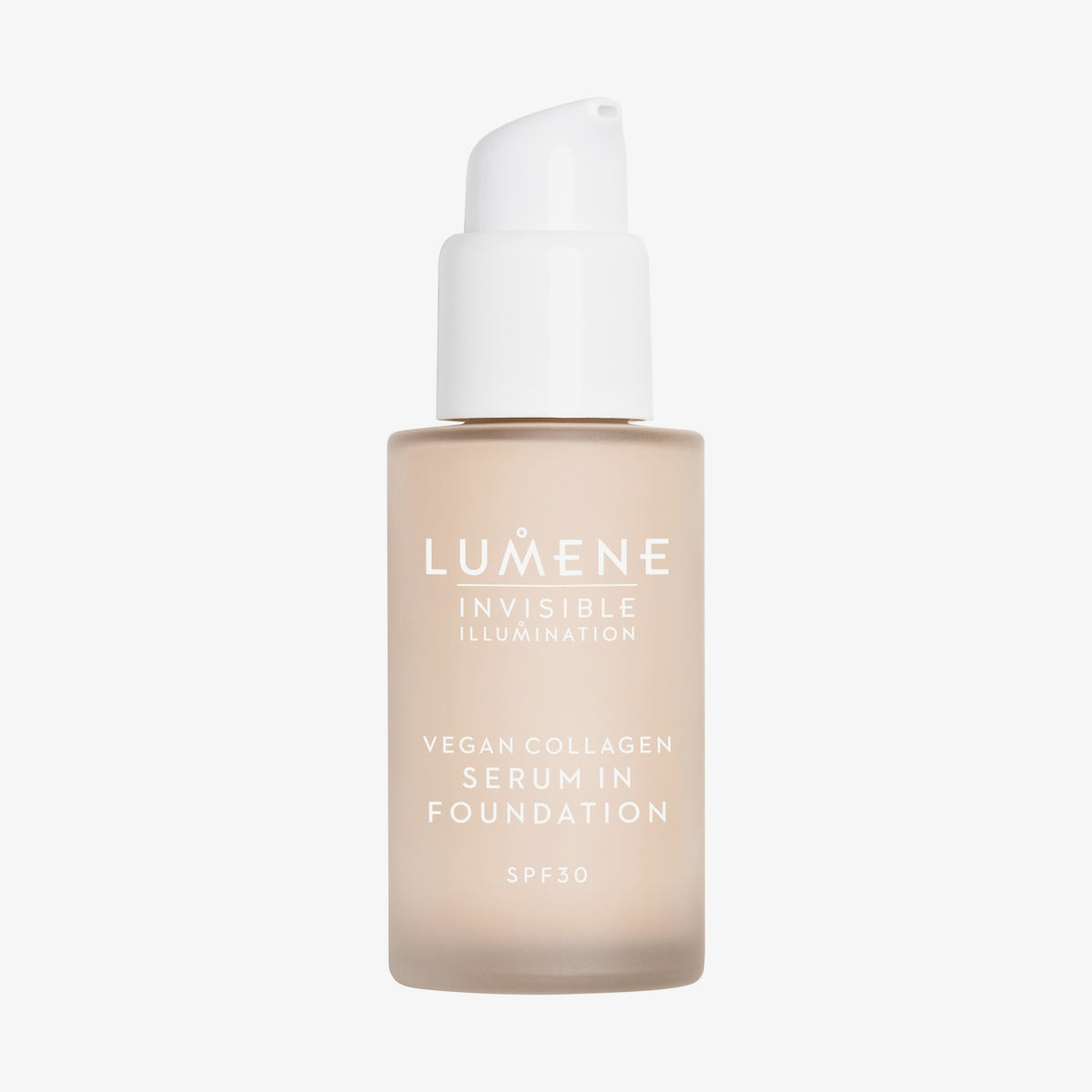 Mattierte transparente Flasche Lumene Invisible Illumination Serum in Foundation SPF30 0 mit weißem Pumpspender.