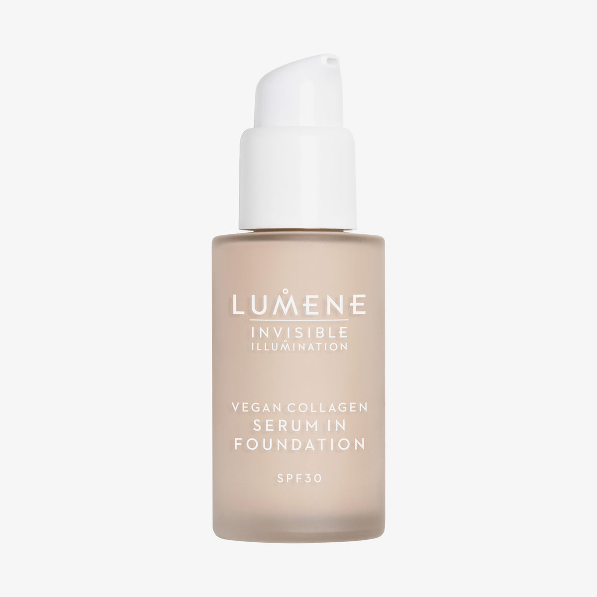 Mattierte transparente Flasche Lumene Invisible Illumination Serum in Foundation SPF30 0.5 mit weißem Pumpspender.