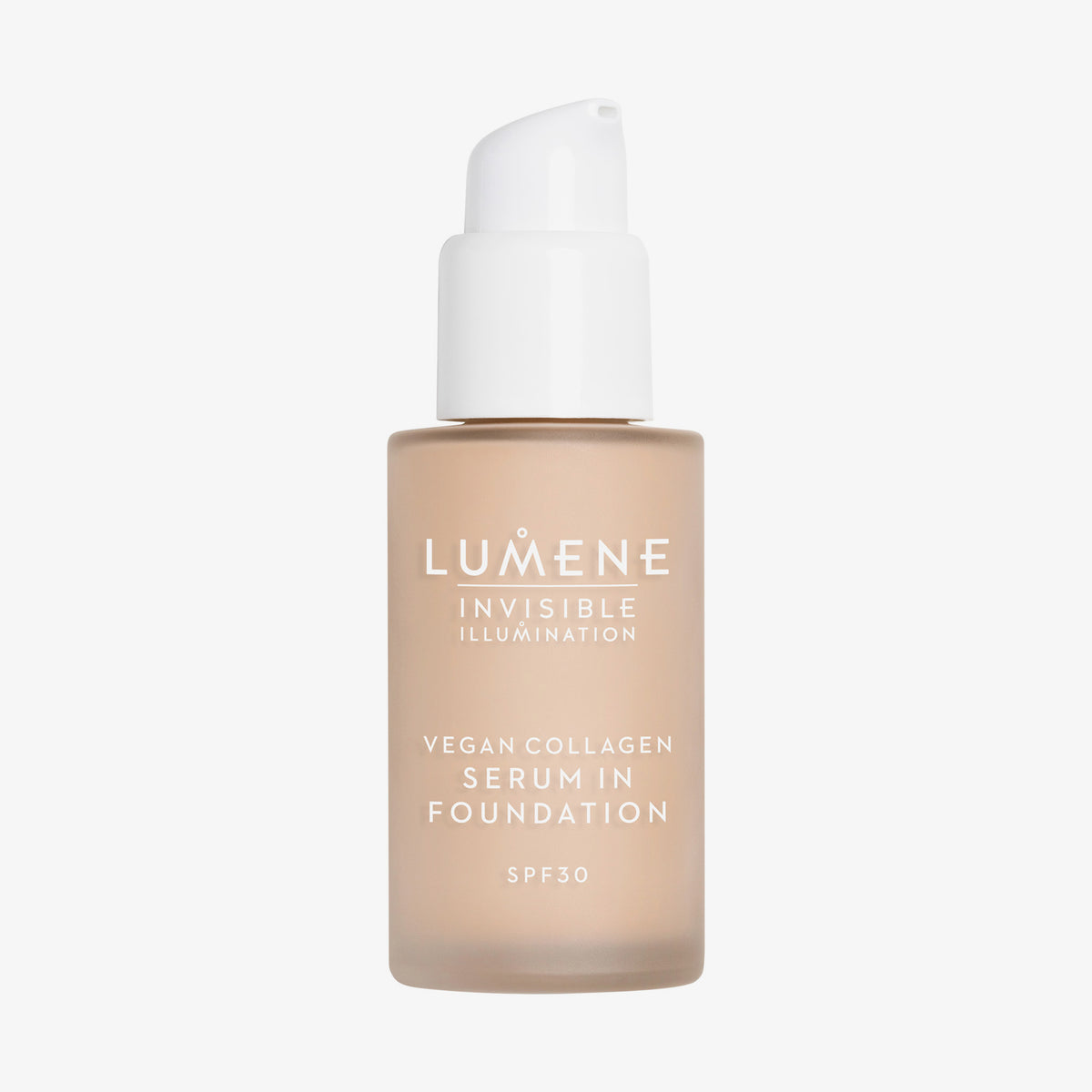 Mattierte transparente Flasche Lumene Invisible Illumination Serum in Foundation SPF30 1.5 mit weißem Pumpspender.