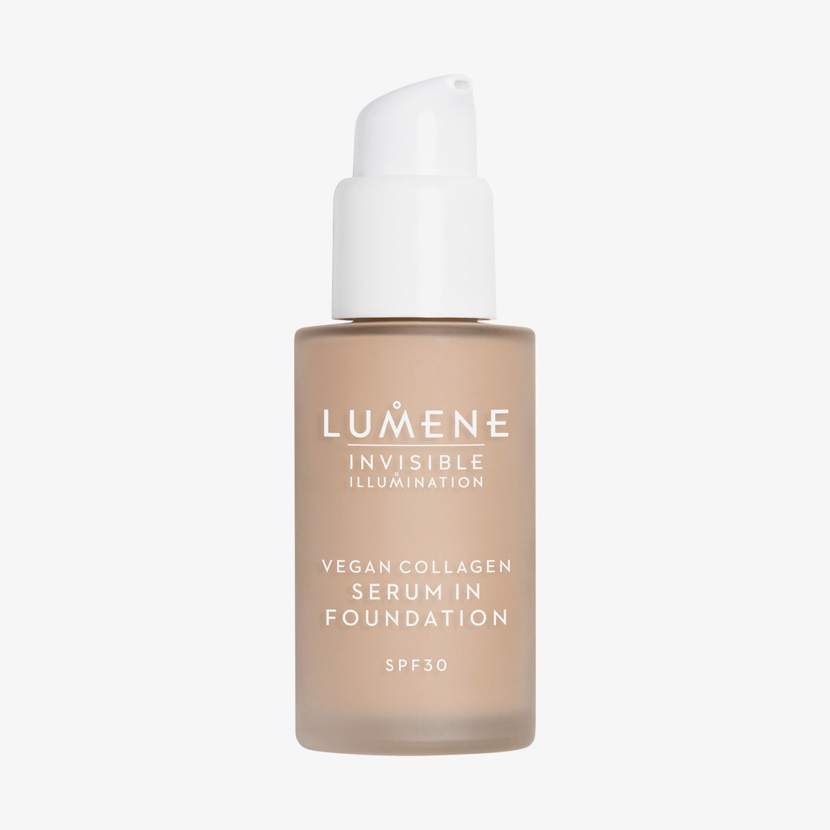 Mattierte transparente Flasche Lumene Invisible Illumination Serum in Foundation SPF30 2 mit weißem Pumpspender.