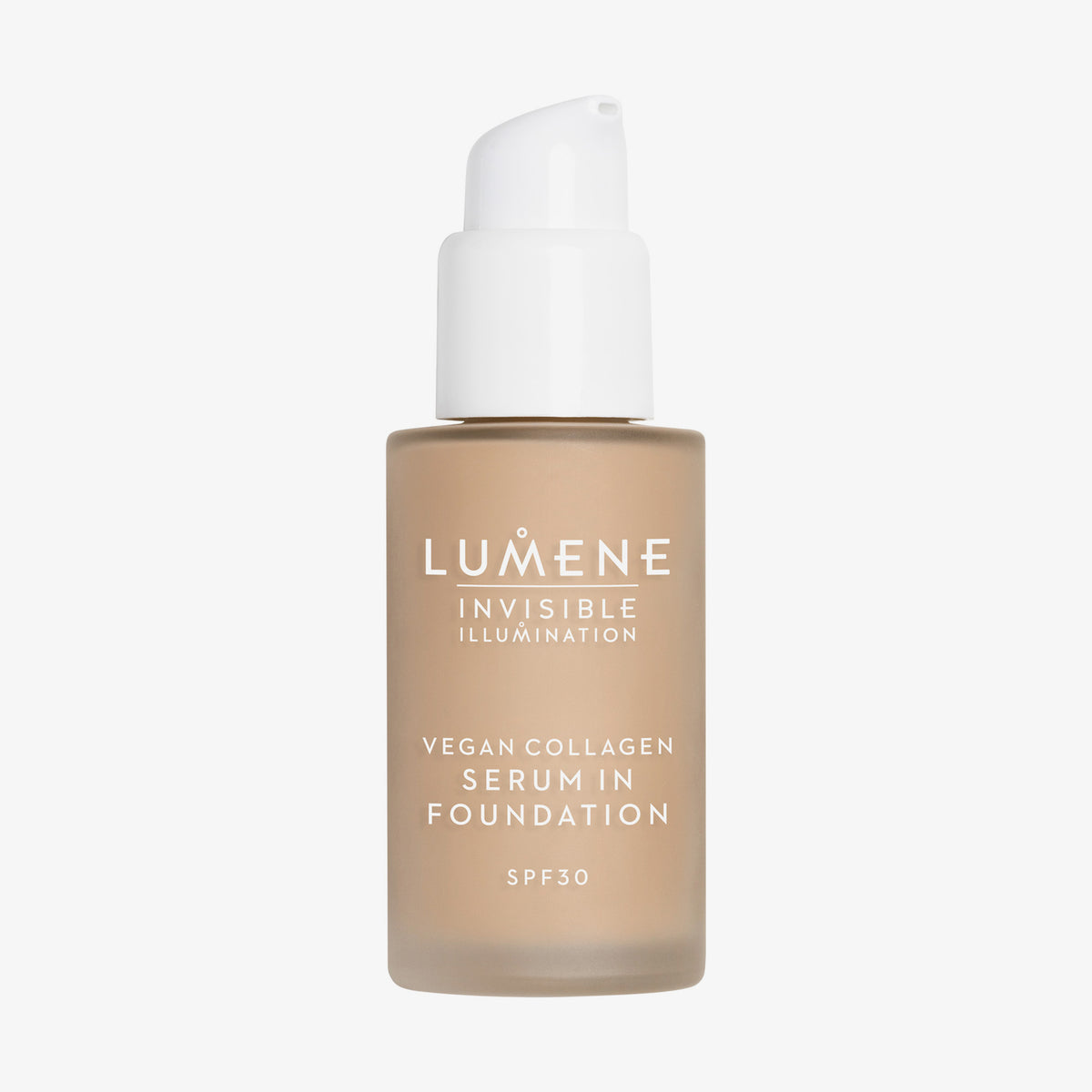 Mattierte transparente Flasche Lumene Invisible Illumination Serum in Foundation SPF30 4 mit weißem Pumpspender.