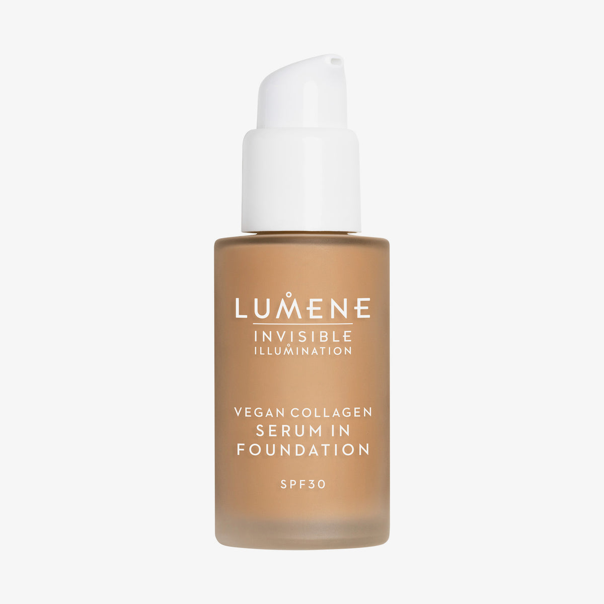 Mattierte transparente Flasche Lumene Invisible Illumination Serum in Foundation SPF30 5 mit weißem Pumpspender.
